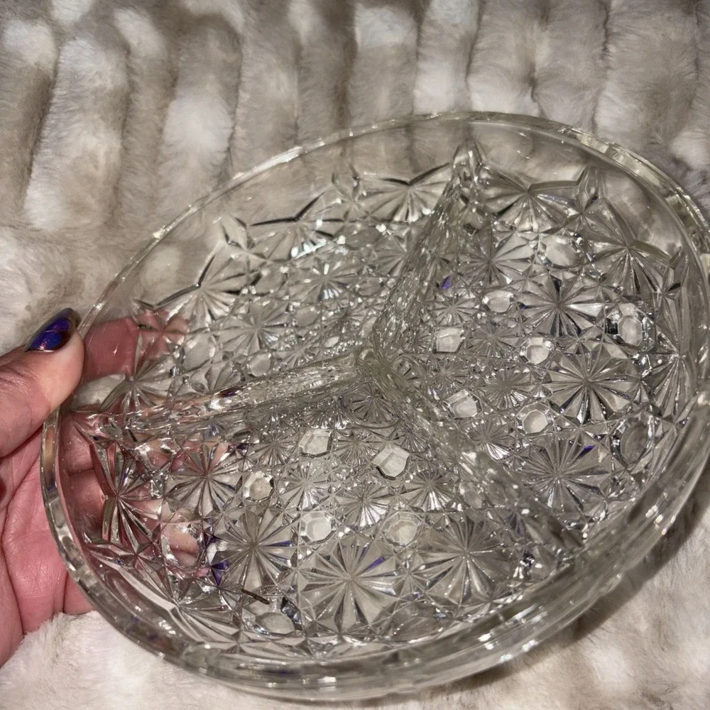 Vintage Pressed Clear Platter Indiana Glass Button Daisy Divided Relish Dish